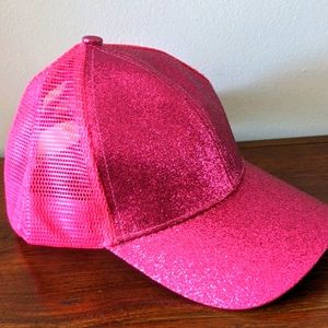 High Ponytail Messy Bun Pink Glitter Bling Mesh Ball Cap Hat